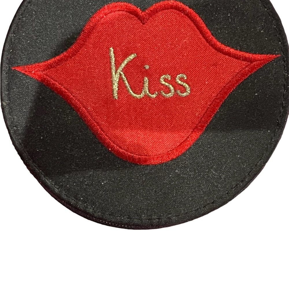 LULU GUINNESS Kiss and Make up black satin compact make up mirror.